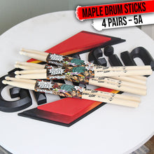 Load image into Gallery viewer, GRIFFIN Attack Zzzap Drum Sticks - 4 Pairs of Select Elite Maple Wood Size 5A - Premium Balanced
