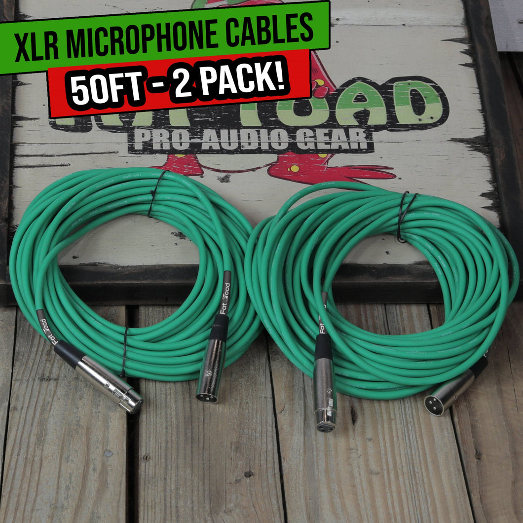 XLR Microphone Cables (2 Pack) by FAT TOAD - 50ft Pro Audio Green Mic Cord Patch Extension Wire