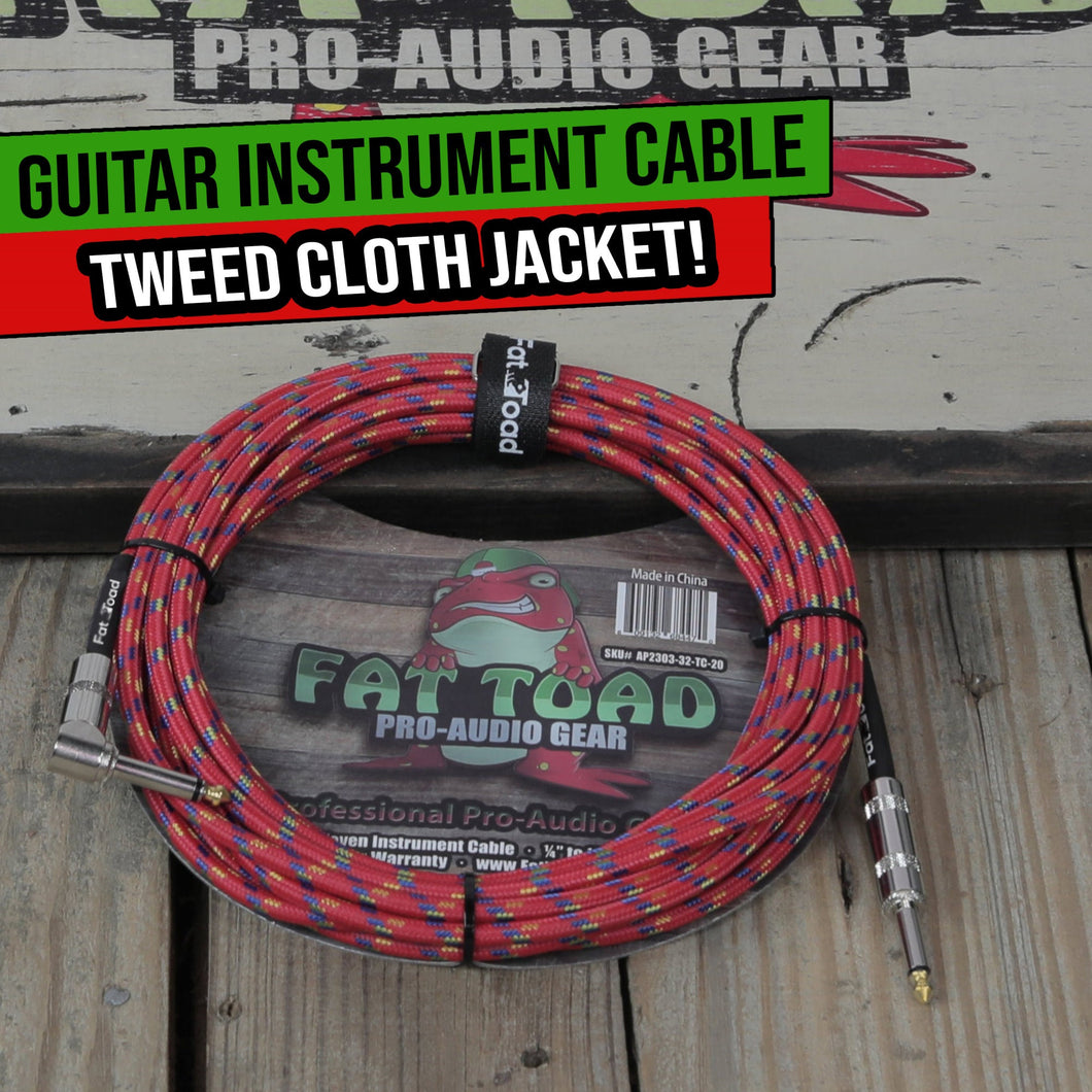 Guitar Cable Right Angled to 1/4 Straight-End Instrument Cord Tweed Cloth Jacket by FAT TOAD