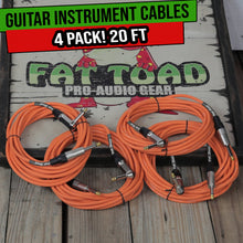 Load image into Gallery viewer, Guitar Cords (4 Pack) Right Angle Instrument Cable by FAT TOAD - 20FT 1/4 Inch Straight-End Wires
