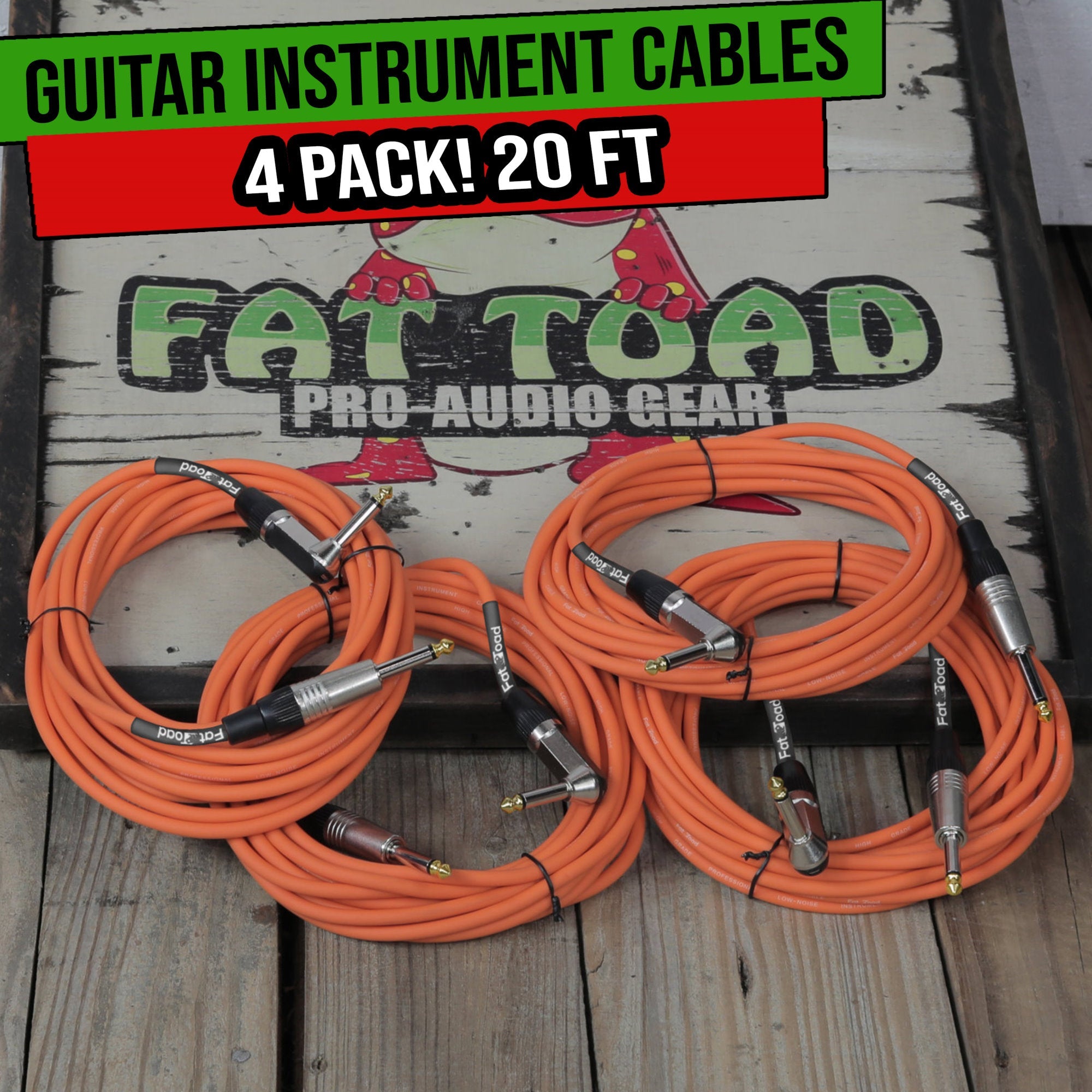 Guitar Cords (4 Pack) Right Angle Instrument Cable by FAT TOAD 