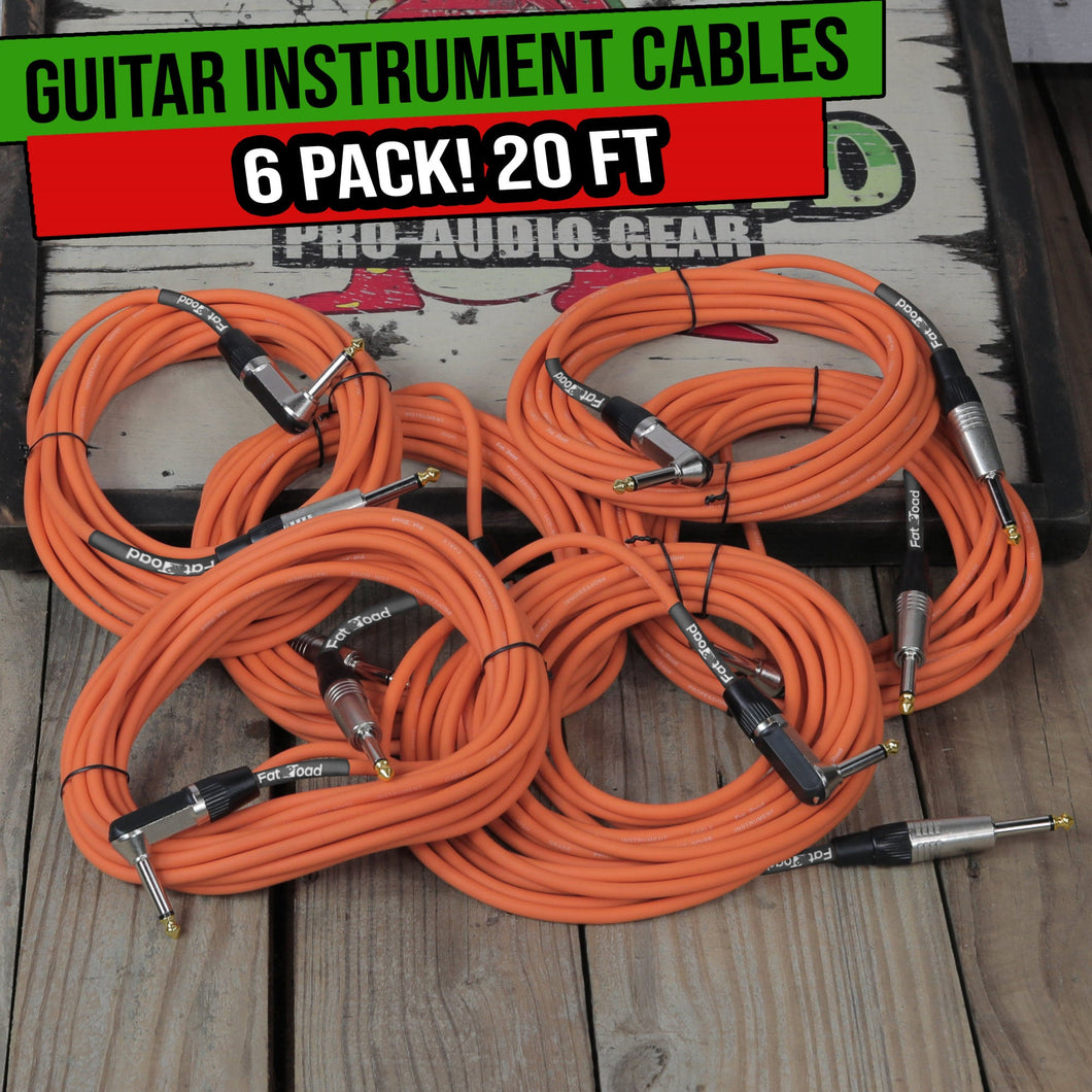 Guitar Cables (6 Pack) Right Angled Instrument Cord by FAT TOAD - 20FT 1/4 Quarter Inch Straight-End