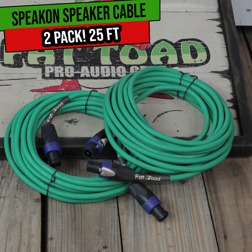 Speakon to Speakon Cables (2 Pack) by FAT TOAD - 25ft Professional DJ Pro Audio Green Speaker PA