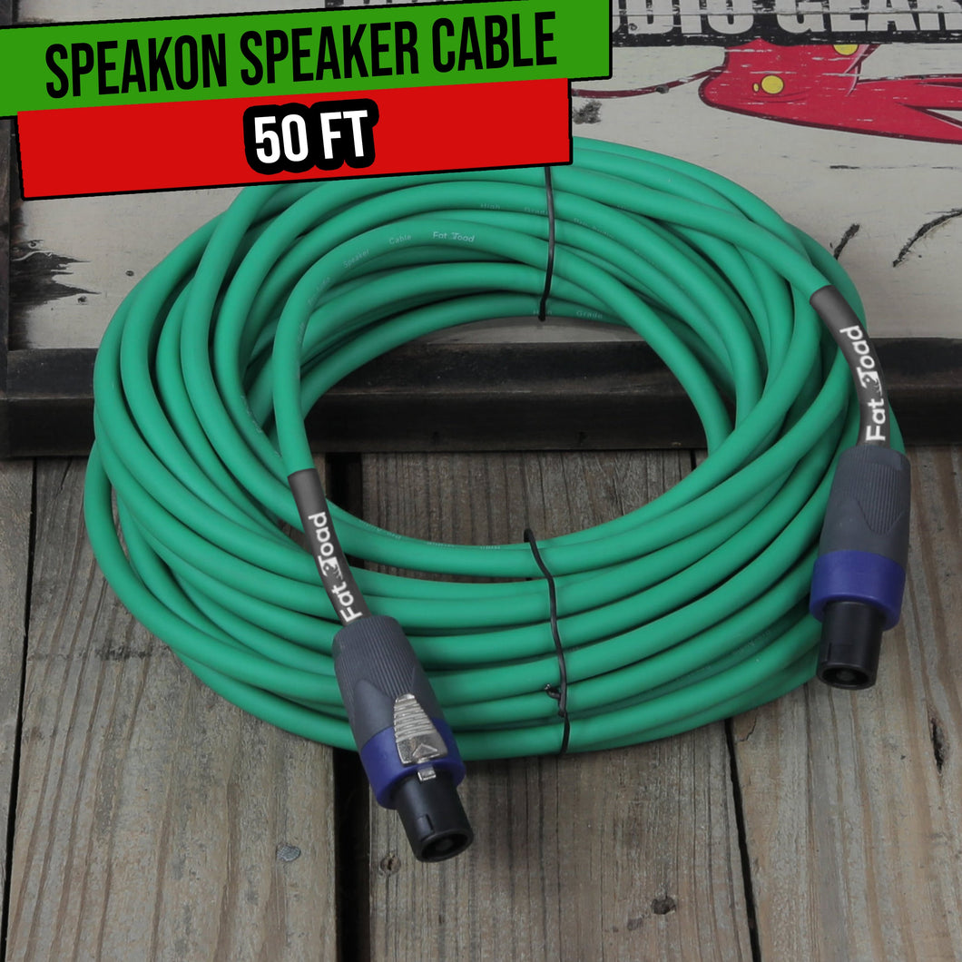 Speakon to Speakon Cable by FAT TOAD - 50ft Professional 12GA Pro Audio Green Speaker PA Cord