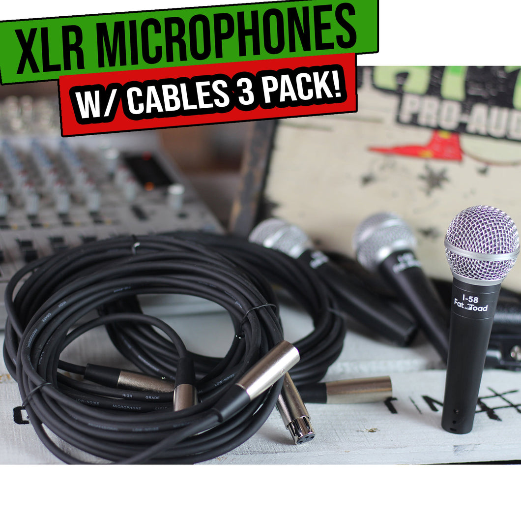 Dynamic Vocal Microphones with XLR Mic Cables & Clips (3 Pack) by FAT TOAD - Cardioid Handheld