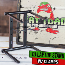 Load image into Gallery viewer, Folding DJ Laptop Stand with Sub-tray Shelf by FAT TOAD - Pro Audio Computer Table Top Rack Stand
