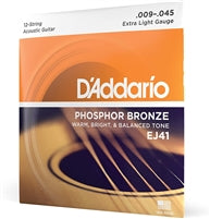 D'Addario EJ41 12-String Phosphor Bronze Acoustic Guitar Strings, Extra Light, 9-45